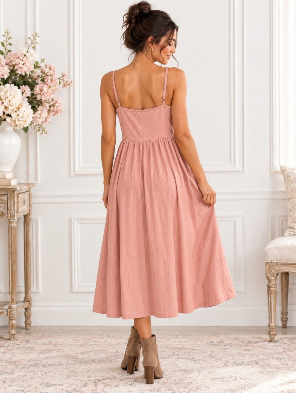 Dusty Rose Button Front Midi Dress With Pockets | Size  Large - Picture 3 of 9